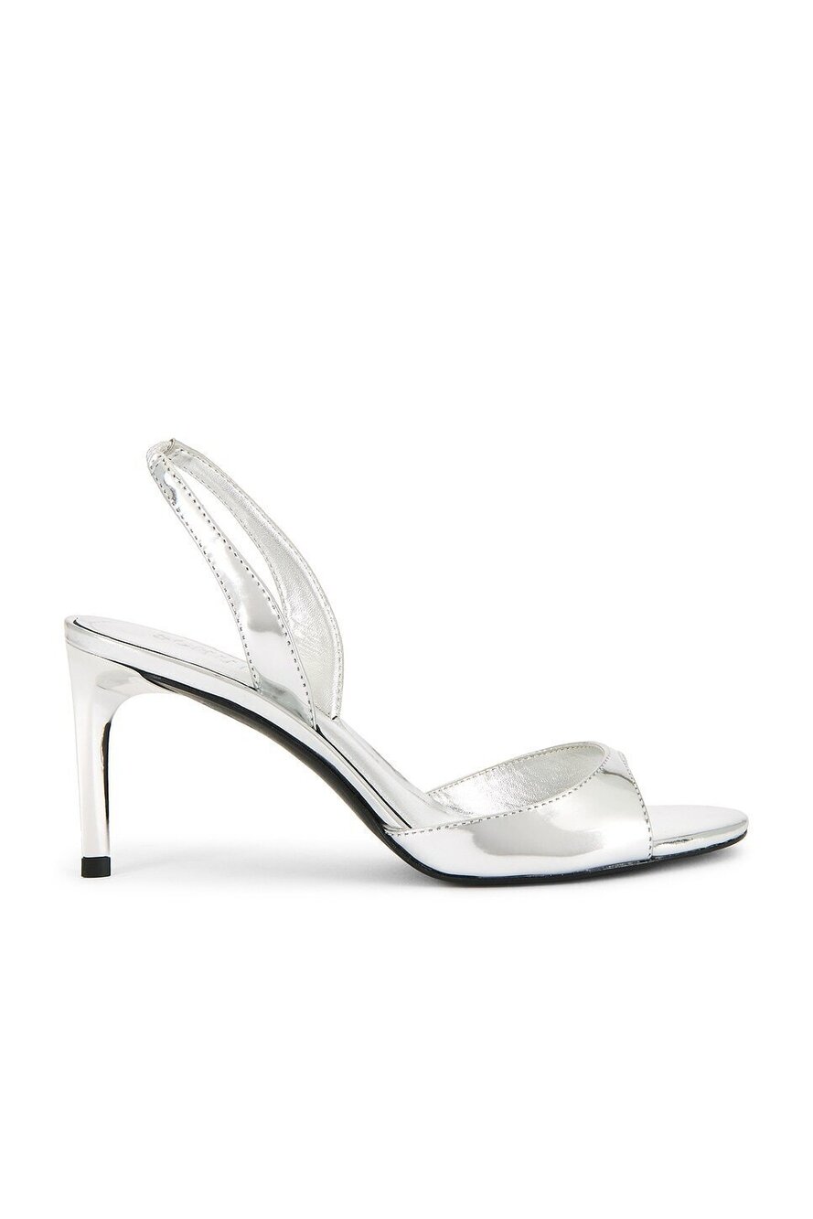 Schutz Scarlett Sling Mid Sandal in Prata patent leather stiletto heel metallic